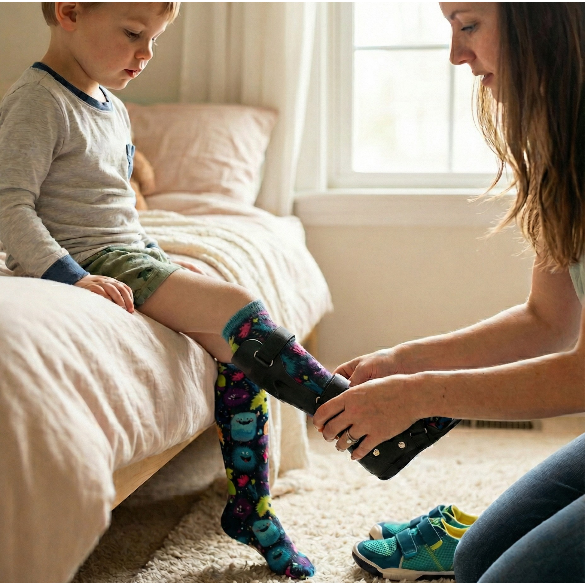 A mother helping her child put on an AFO brace over colorful monster-printed AFO socks for kids, showcasing the smooth, stay-up fit frequently highlighted in real Lairos socks reviews.