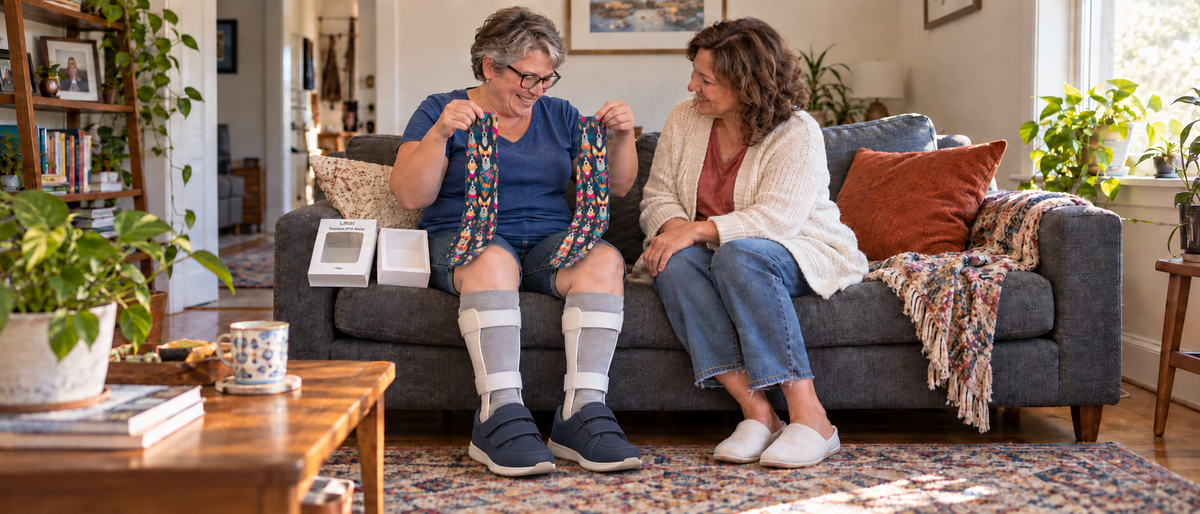 Woman wearing gray socks under AFO braces holding new Folk Dogs socks beside an open LAIROS box