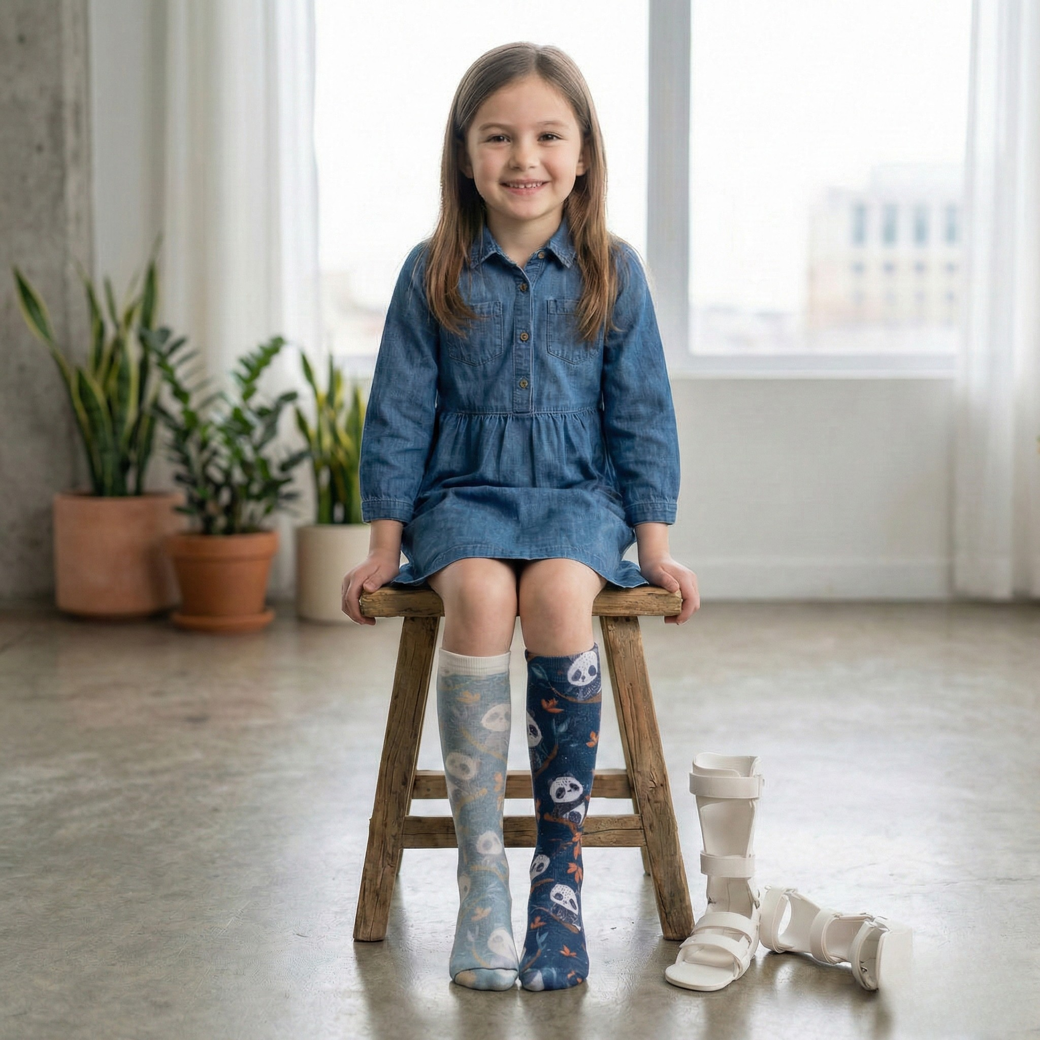 Smiling girl in a denim dress sitting on a stool, wearing panda-patterned socks next to her white leg braces (AFOs) on the floor.