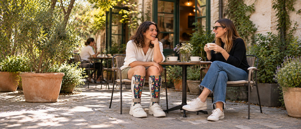 Woman wearing Lairos Folk Dogs knee-high socks under AFO braces while enjoying coffee with a friend at an outdoor café.
