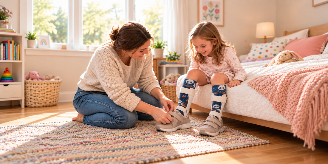 Parent helping a child get ready with AFO braces for kids, knee-high socks and brace-friendly shoes during a morning routine.