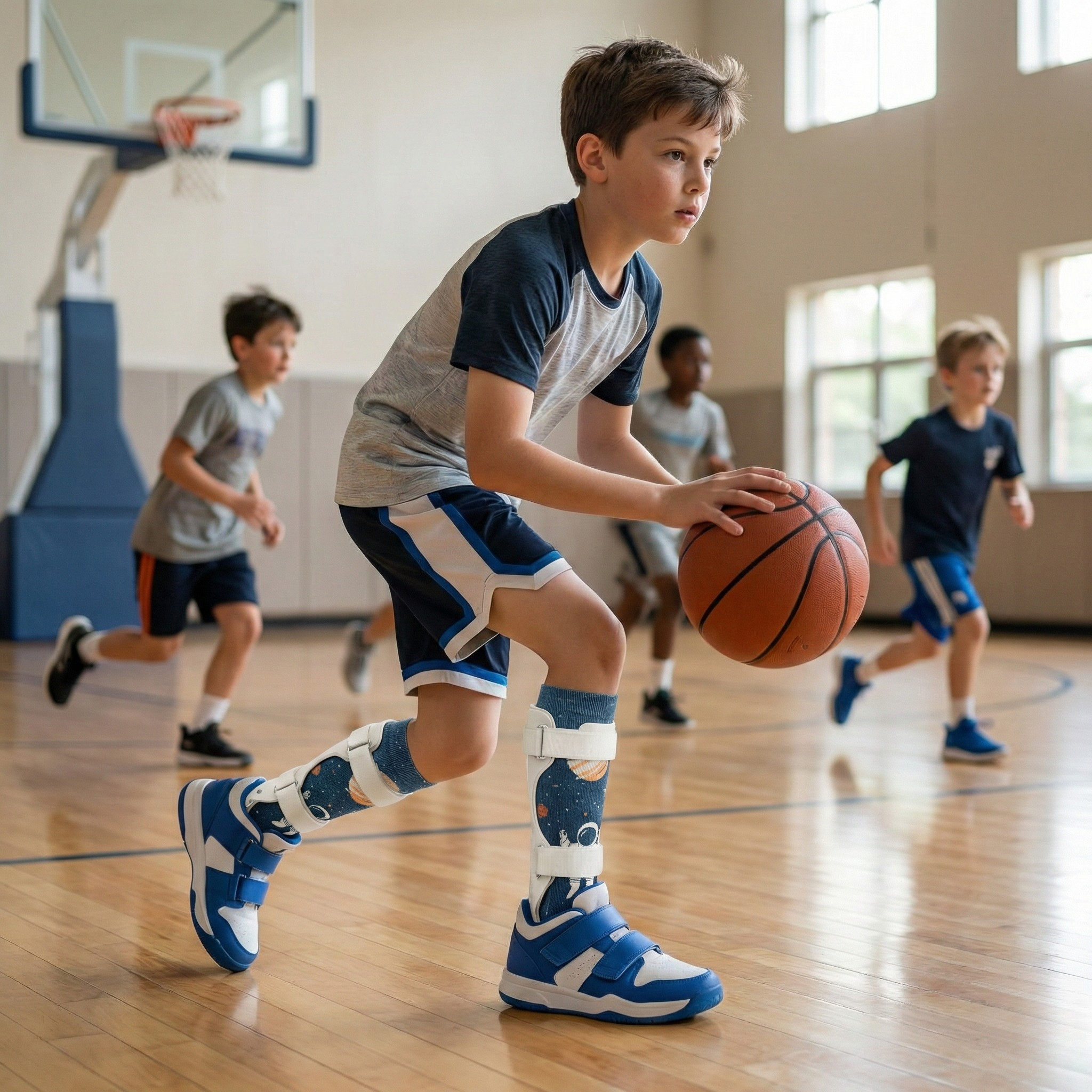 Boy playing basketball in a gym, wearing white AFO leg braces over space-themed socks and blue sneakers while dribbling.