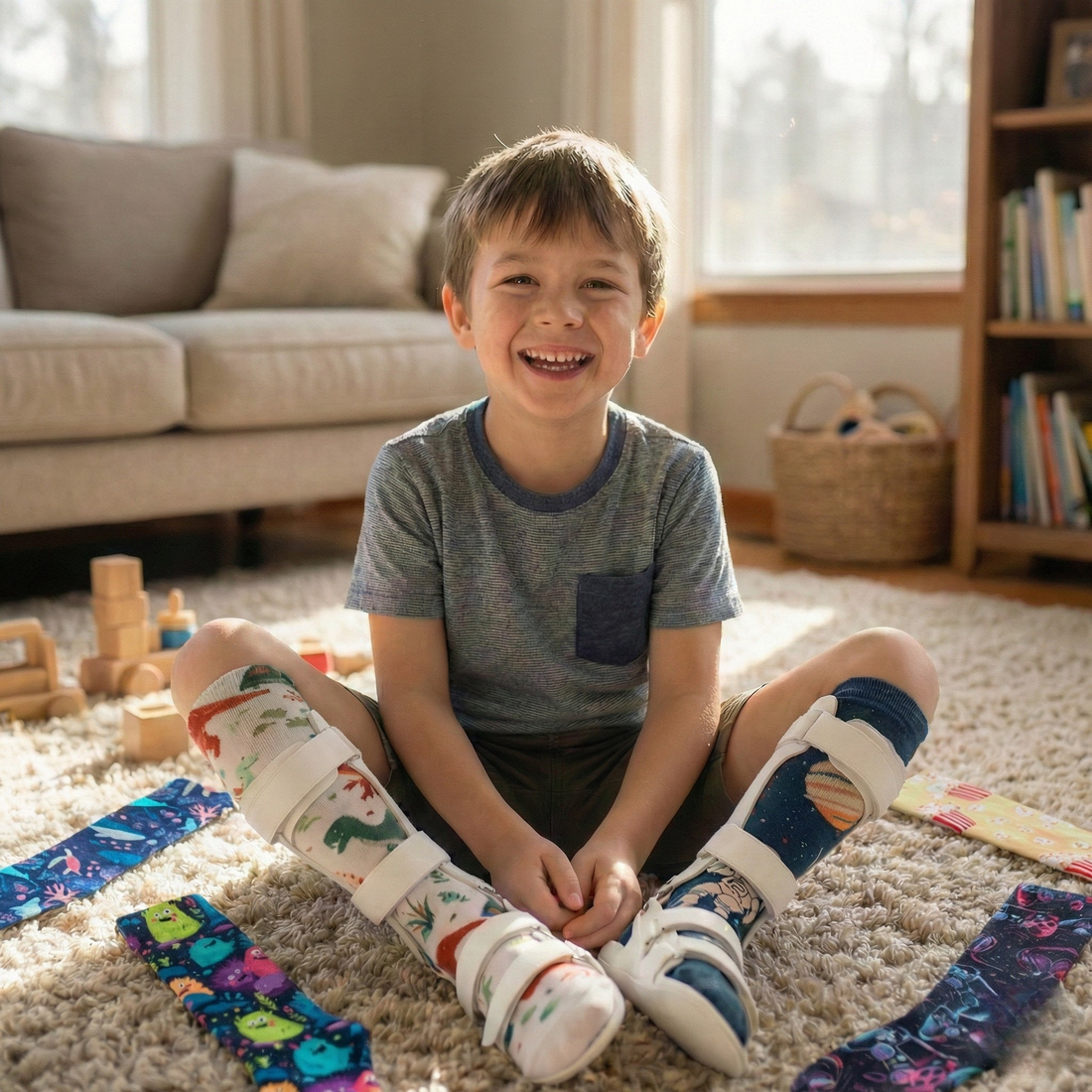 A happy boy wearing white leg braces over decorative dinosaur and space socks, sitting on a carpeted floor surrounded by more colorful socks.