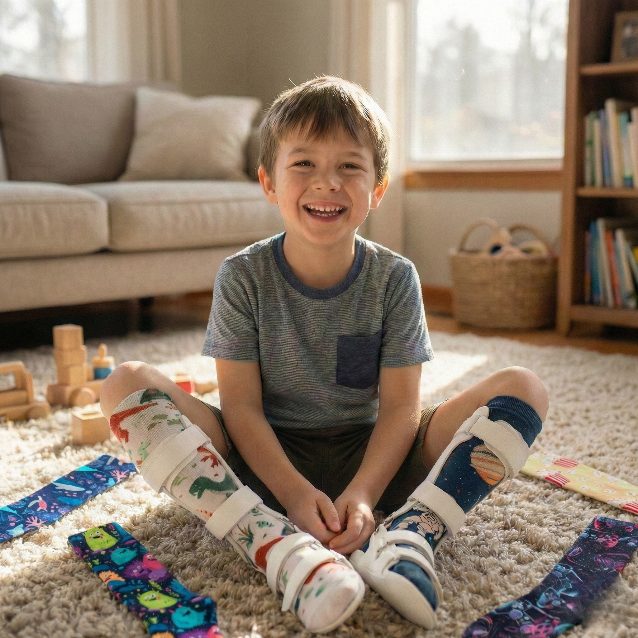 A happy boy wearing white leg braces over decorative dinosaur and space socks, sitting on a carpeted floor surrounded by more colorful socks.