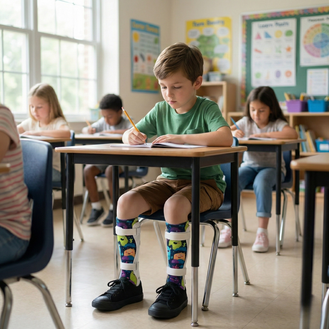 Child wearing Lairos AFO socks and braces in a classroom, seated at desk, focusing on writing