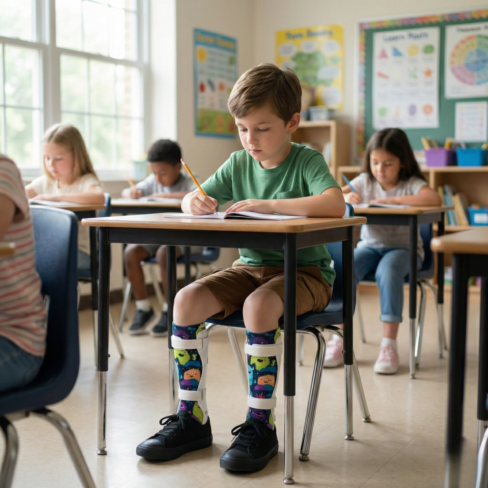 Child wearing Lairos AFO socks and braces in a classroom, seated at desk, focusing on writing