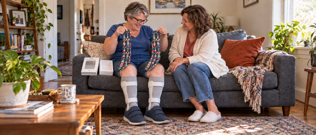 Woman wearing gray socks under AFO braces holding new Folk Dogs socks beside an open LAIROS box