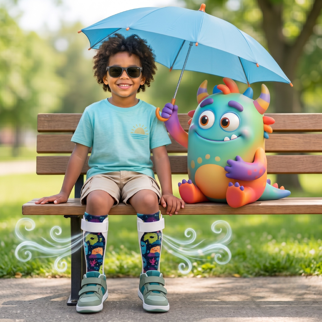A happy child sitting on a park bench wearing breathable summer AFO socks under his braces, with playful wind graphics illustrating airflow to help manage sweating in hot weather.