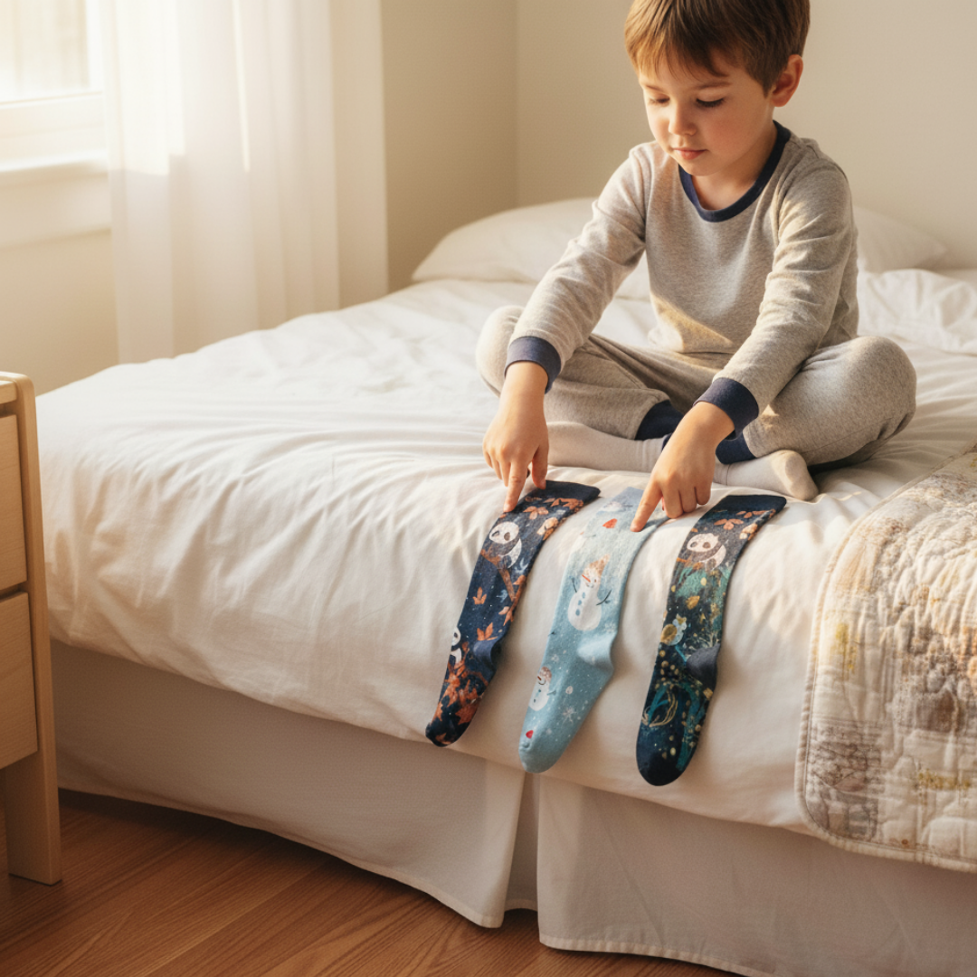 Child choosing between several colorful and seamless Lairos AFO socks