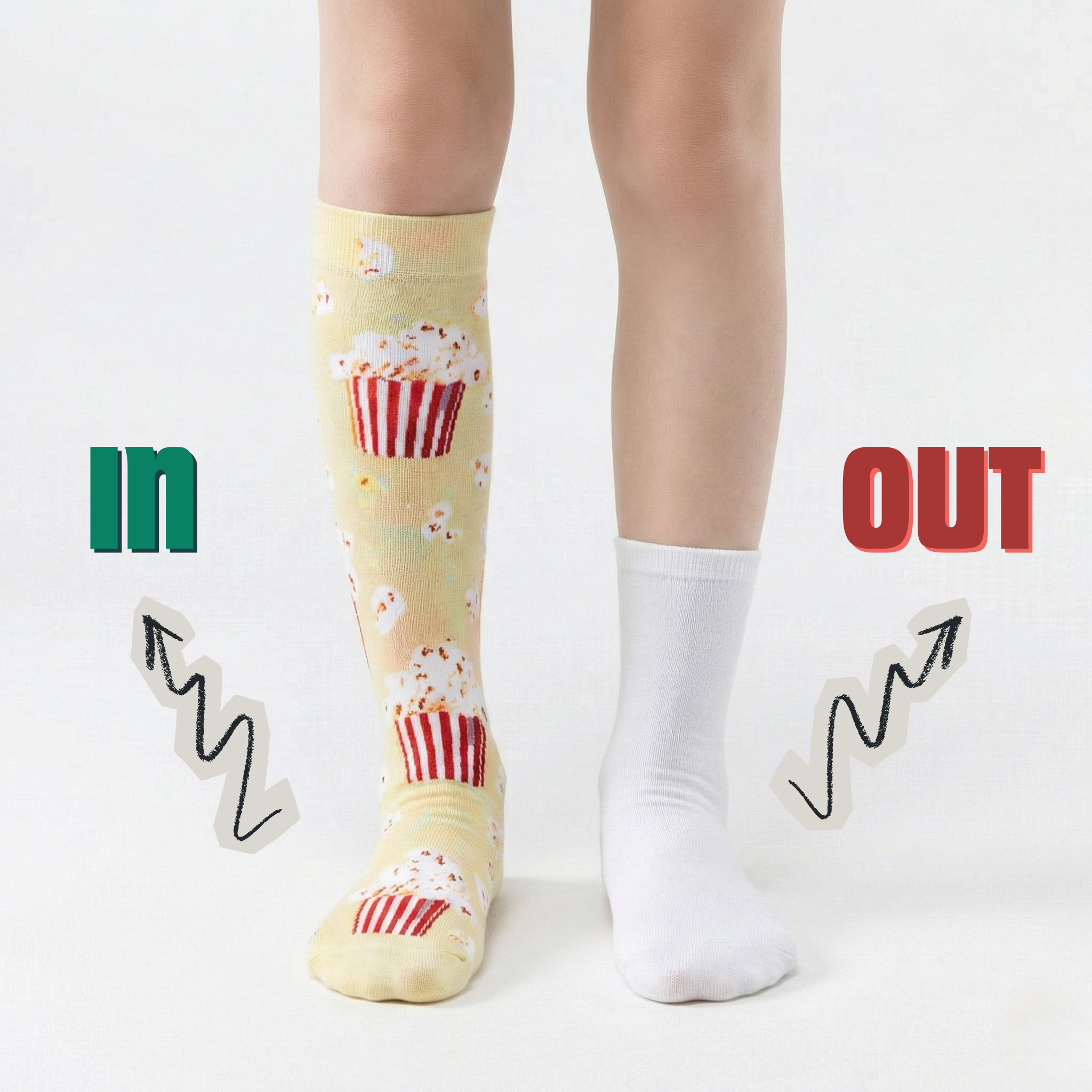 Comparison showing short ankle socks labeled OUT versus tall patterned knee-high socks labeled IN, illustrating the shift away from ankle socks.