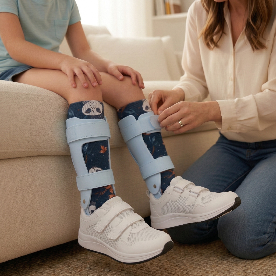 A parent gently putting comfortable, printed AFO socks for toddlers on their child during a calm morning routine.
