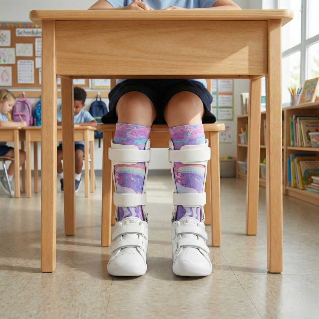 Child wearing colorful Lairos premium AFO socks under braces, sitting at school desk