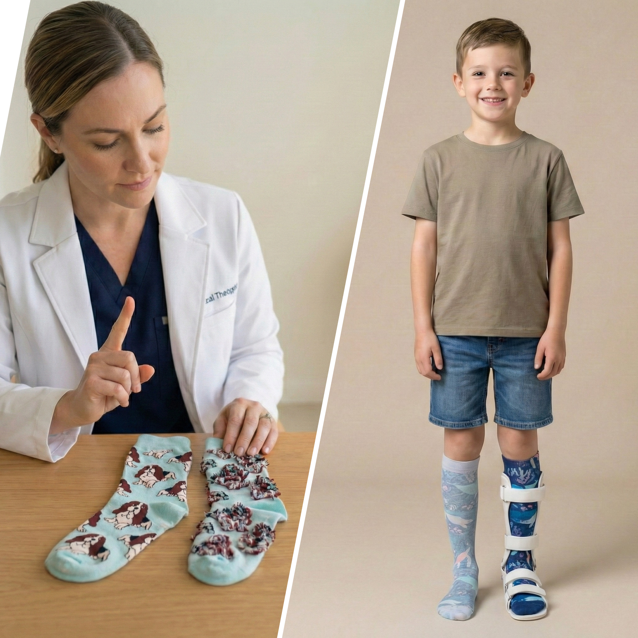 Doctor showing sensory socks next to a smiling boy wearing a white AFO leg brace over patterned socks and denim shorts on a plain background.