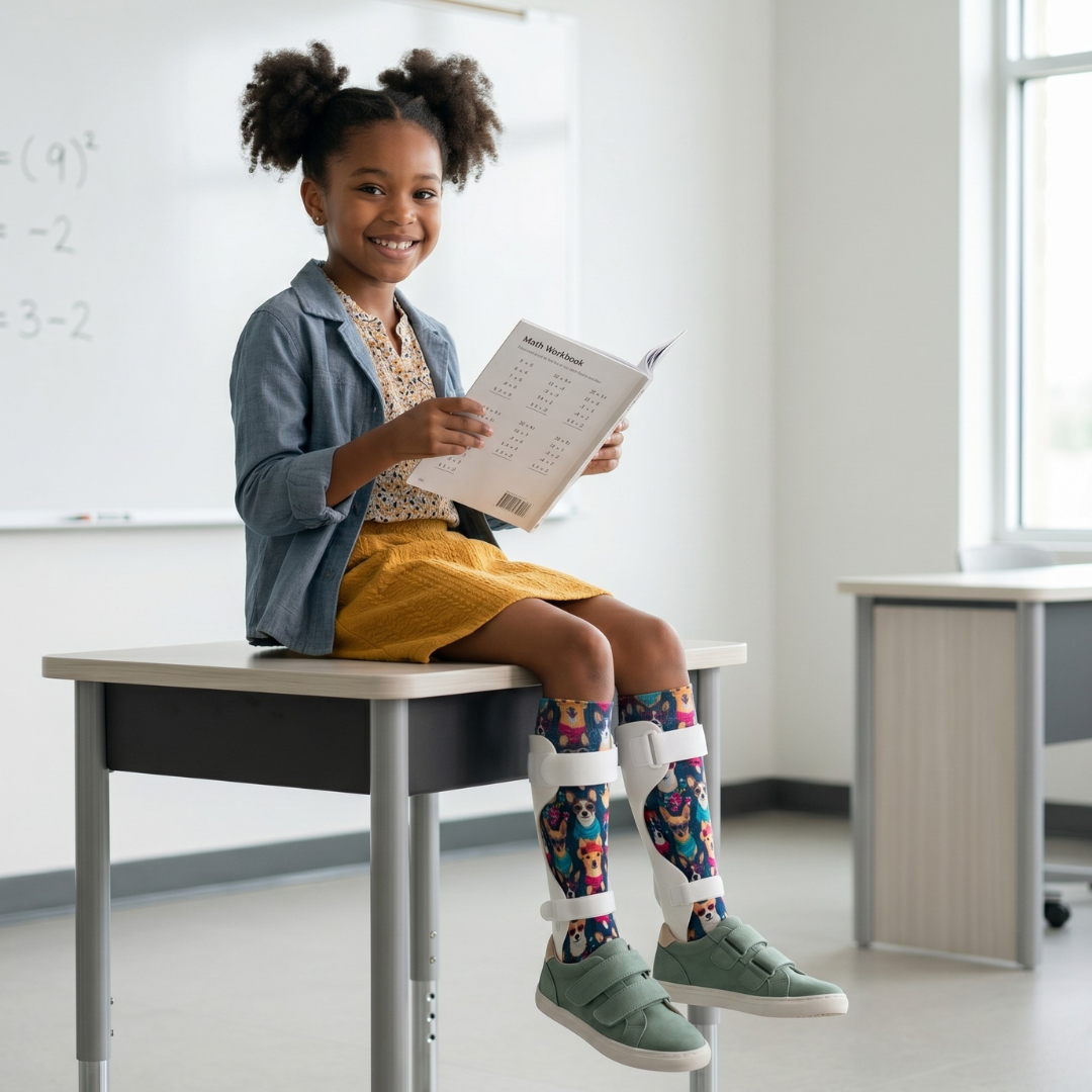 A smiling girl sitting on a classroom desk with a workbook, ready for back-to-school. She is wearing white AFO braces over vibrant, printed knee-high AFO socks and green shoes.