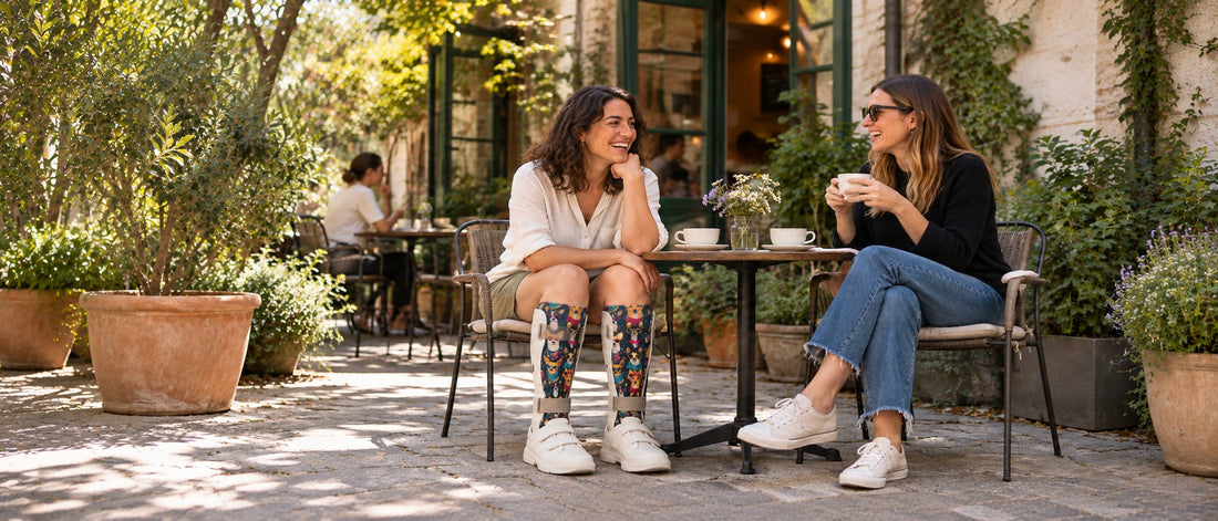 Woman wearing Lairos Folk Dogs knee-high socks under AFO braces while enjoying coffee with a friend at an outdoor café.