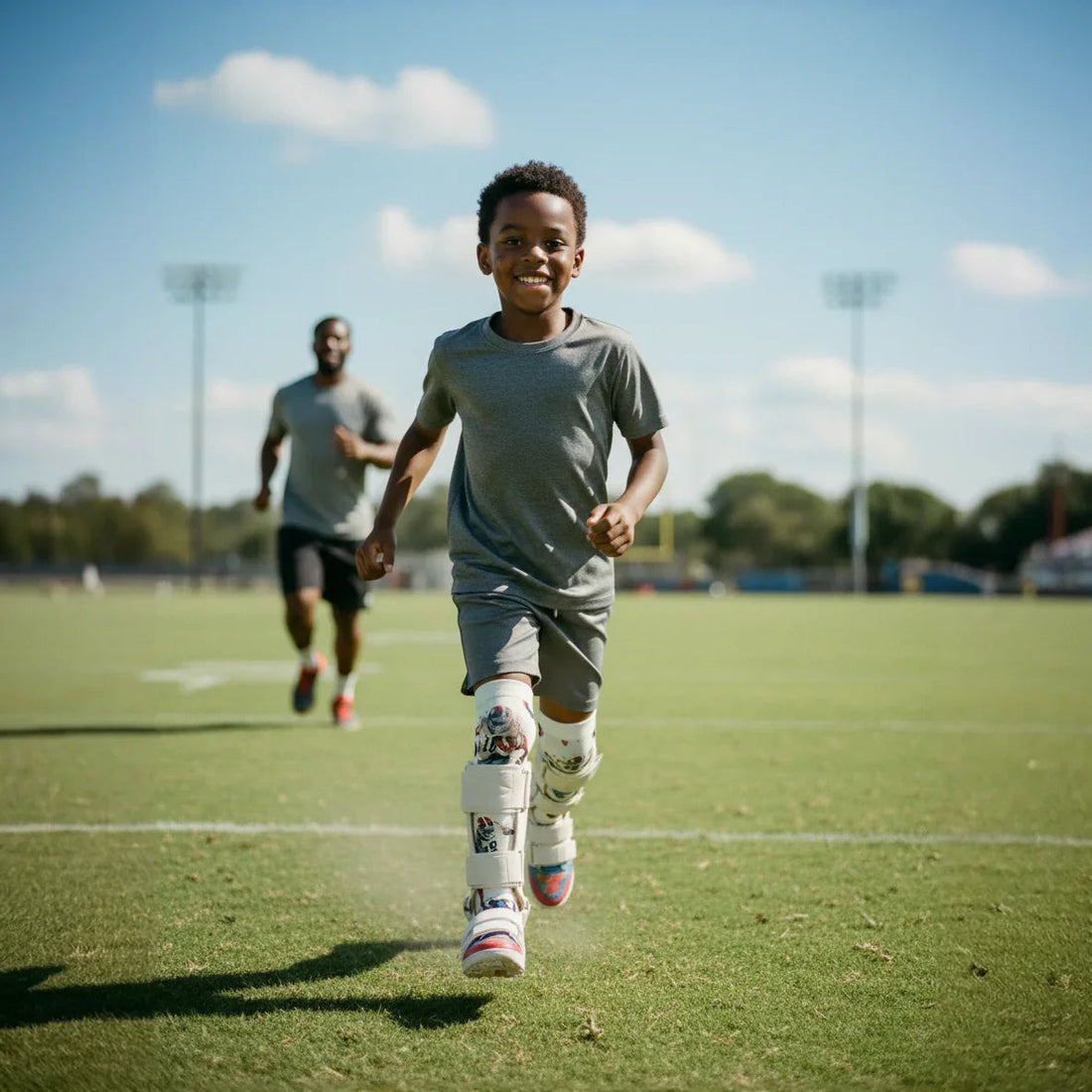 Young boy running confidently on a sports field wearing AFO braces and socks, symbolizing kids confidence with AFOs.