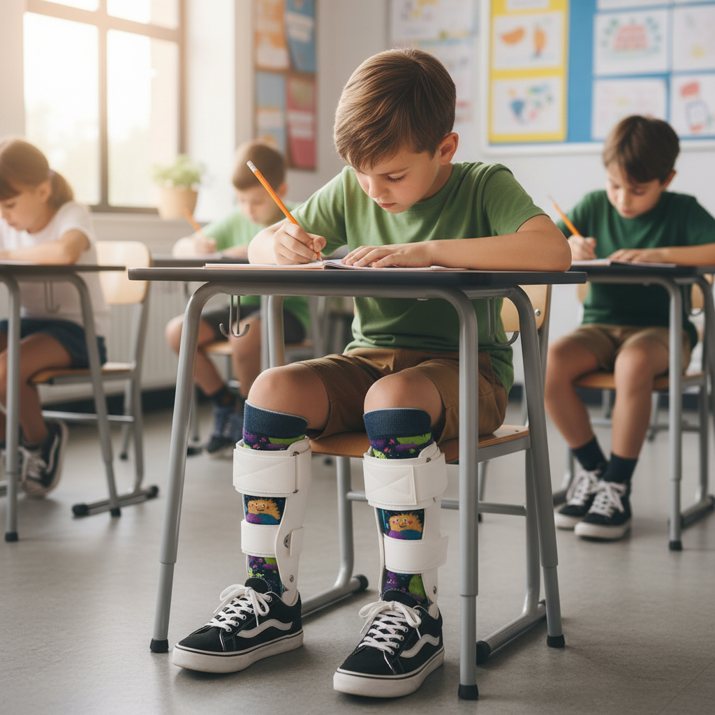 Confident child in a classroom, wearing AFO braces and colorful socks. Embodies a positive Back-to-School with AFOs experience.