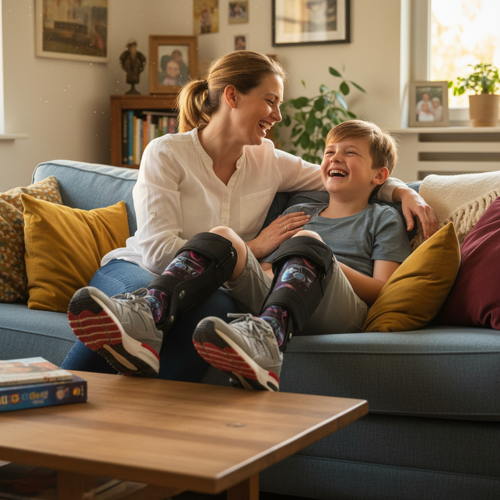 Smiling child wearing AFO braces and premium cotton socks sitting on a sofa with a woman.