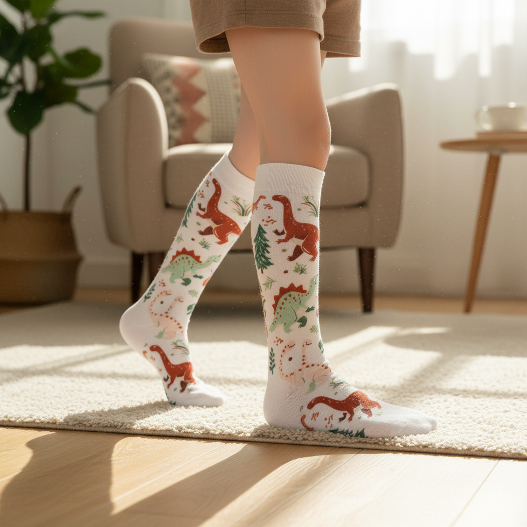 Child wearing colorful dinosaur AFO socks, representing a comfortable solution for sensitive skin.