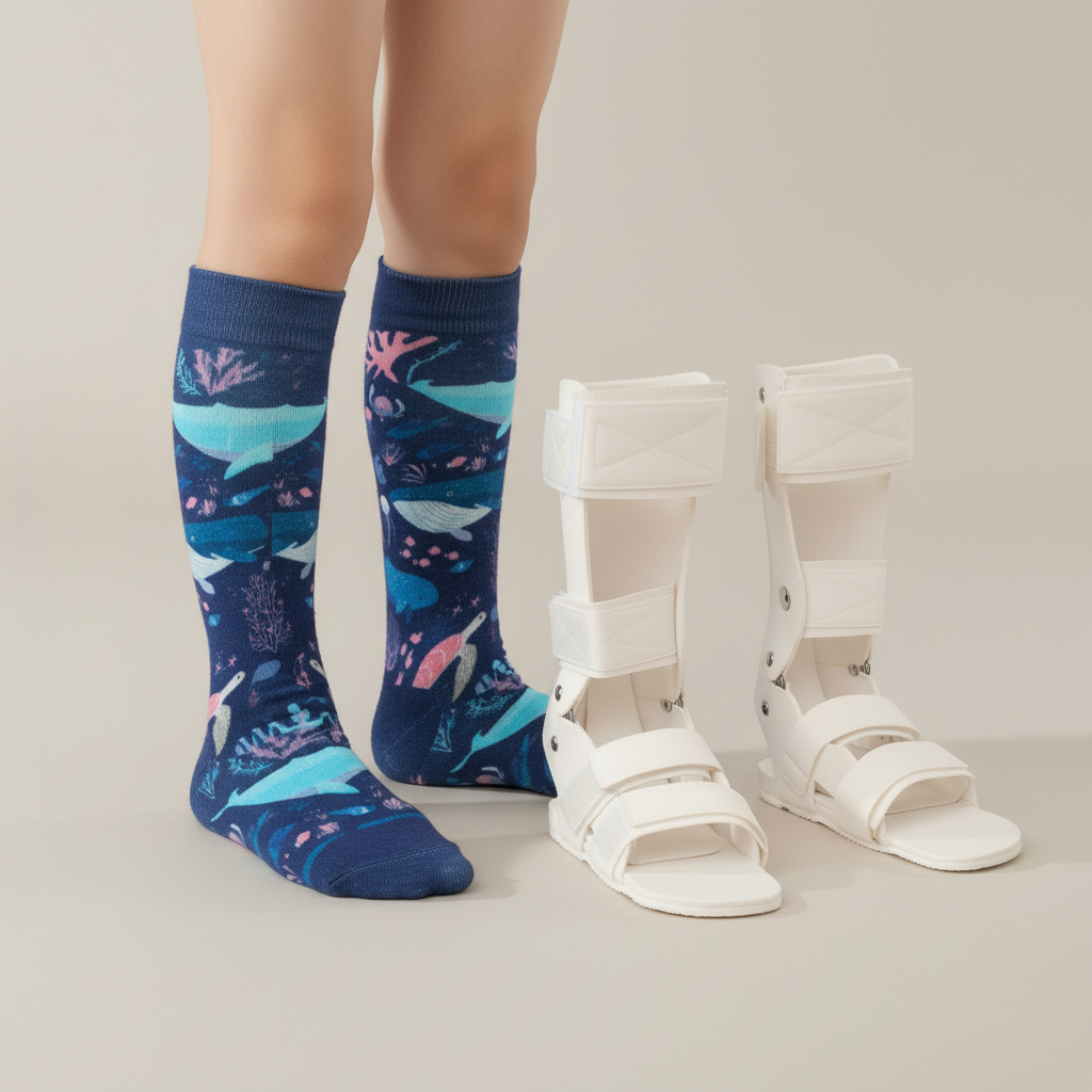 Child wearing vibrant AFO socks next to orthotic sandals. Highlights the necessary layer of comfort and style for braces.