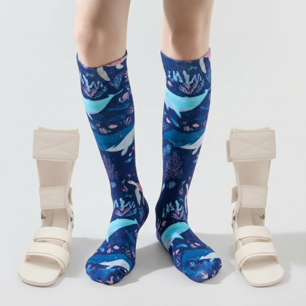 Child wearing colorful Lairos AFO socks for kids beside white braces on light background