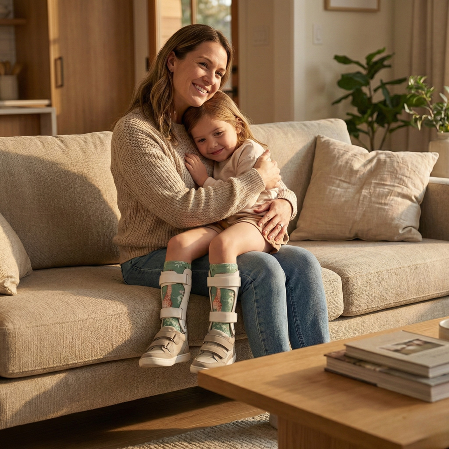 A mom hugging her smiling daughter on the couch, the girl wearing braces over Sage Safari socks