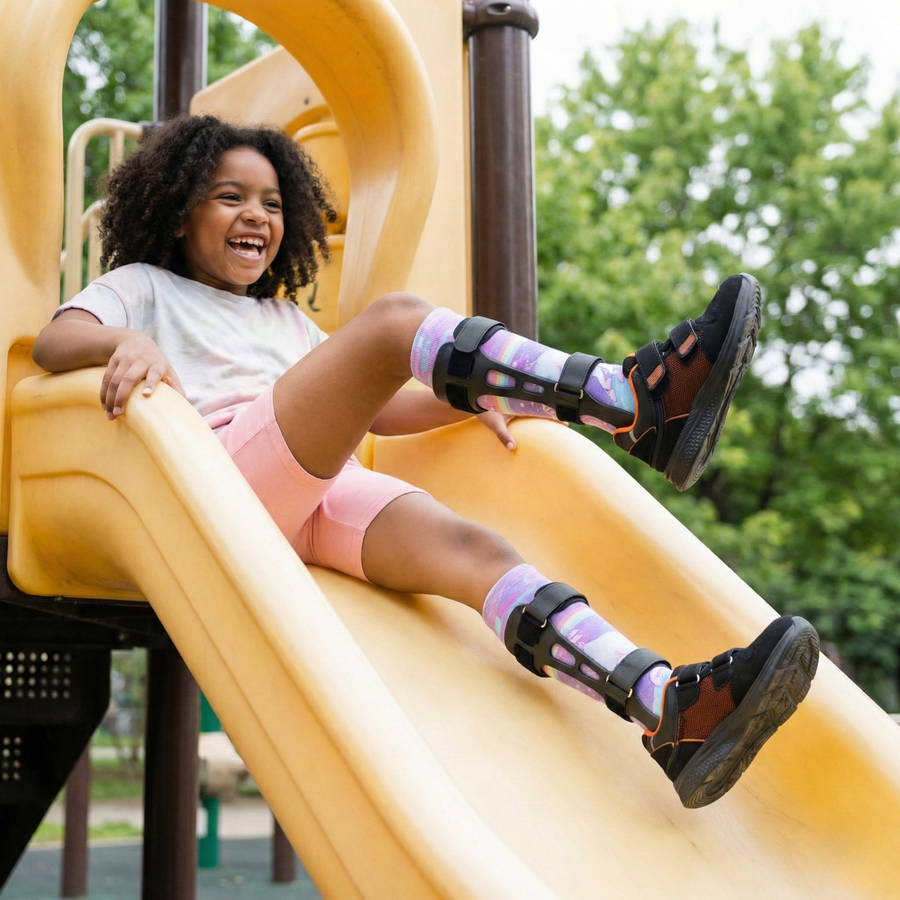 A laughing girl going down a slide in braces and Sparkle Unicorn socks