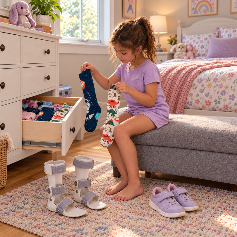 A girl choosing between space and dinosaur LAIROS socks, her AFO braces on the rug beside her.