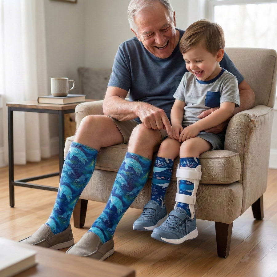 A grandpa and his grandson in matching Ocean Flow socks, the boy wearing AFO braces