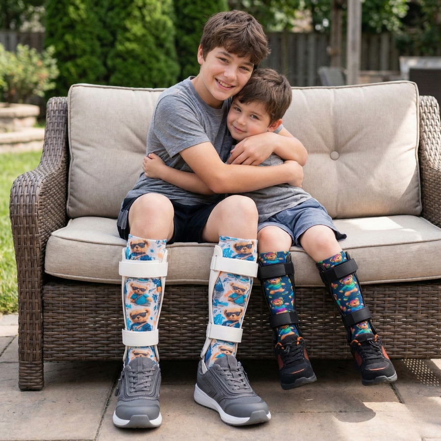 Two brothers hugging on an outdoor sofa, both in AFO braces over printed Lairos socks