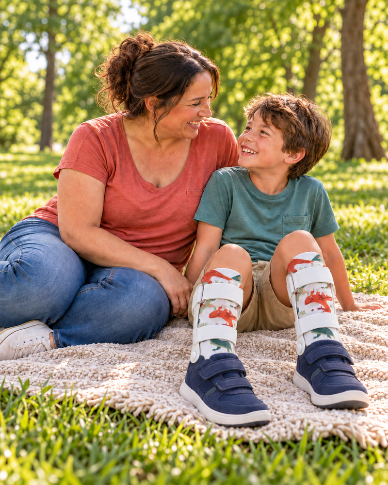 Smiling mother and son sitting together in a park, the boy wearing LAIROS dinosaur-print socks under his AFO braces.