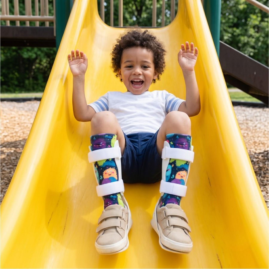 A boy laughing with his arms up on a yellow slide, braces over Monster Squad socks