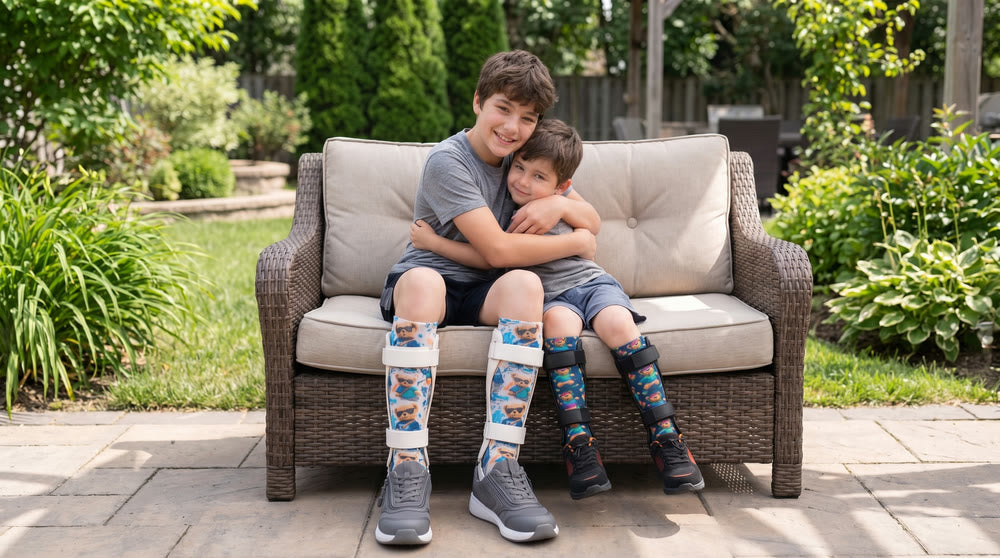 Two brothers hugging on an outdoor sofa, both wearing AFO braces over printed Lairos knee-high socks