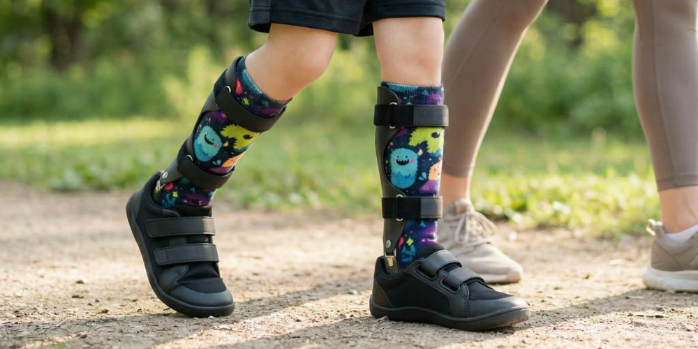 A child walking on a trail in black AFO shoes, AFO braces over Monster Squad print Lairos knee-high socks