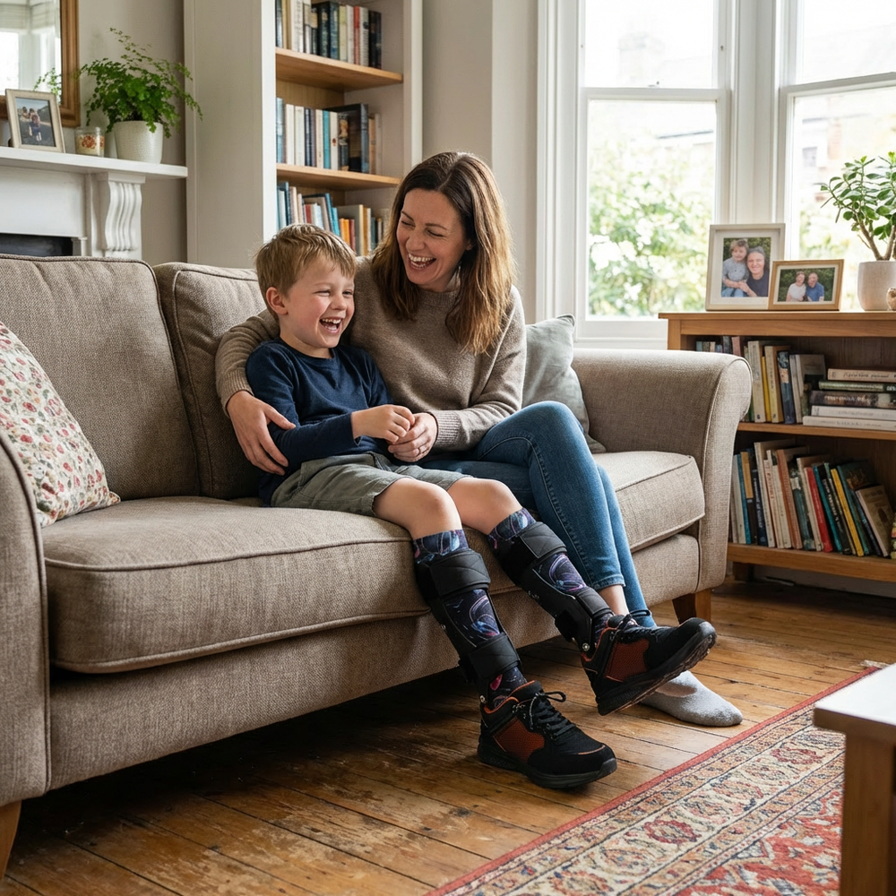 A mom and her son laughing on the couch, his AFO braces over printed Lairos socks