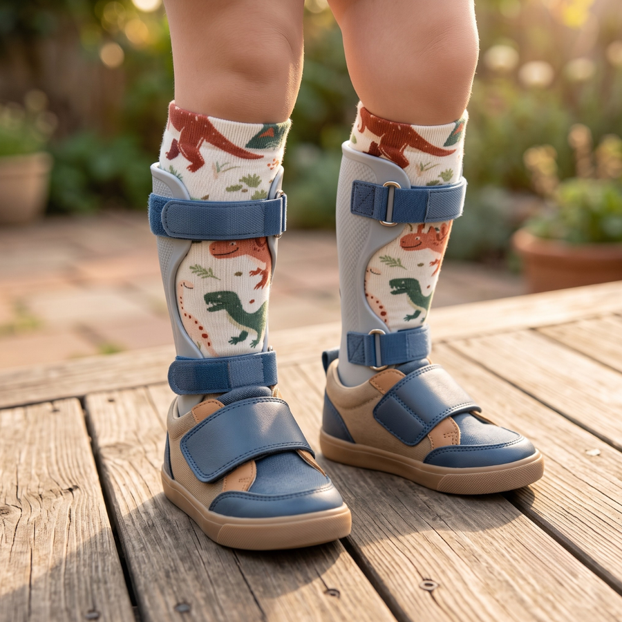 Close-up of AFO braces and shoes over Prehistoric Pals socks